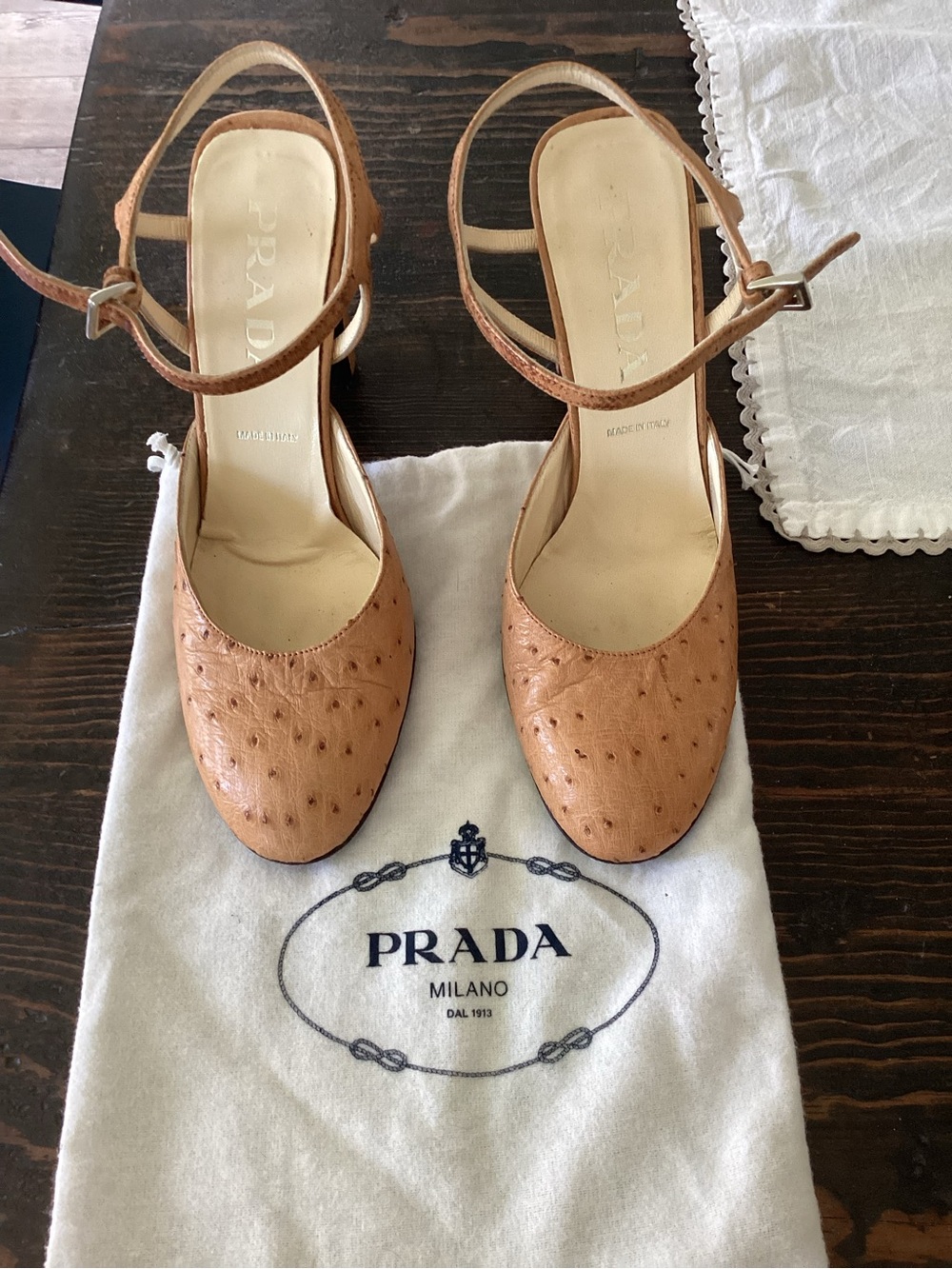 Prada Tan Ostrich Leather Slingback Heels